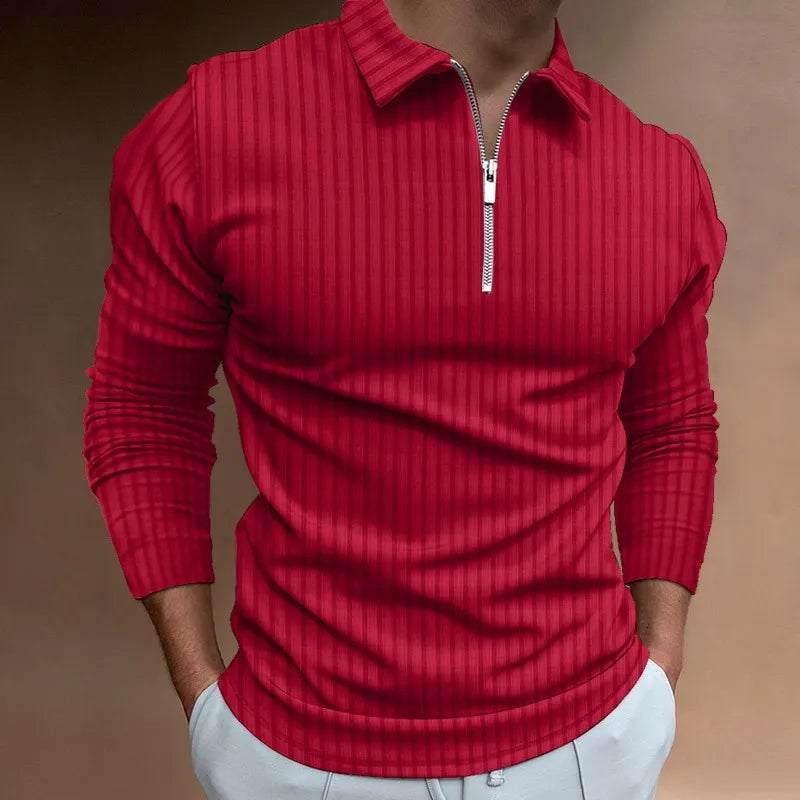 Neal | Solid Color Ribbed Long Sleeve Polo Shirt