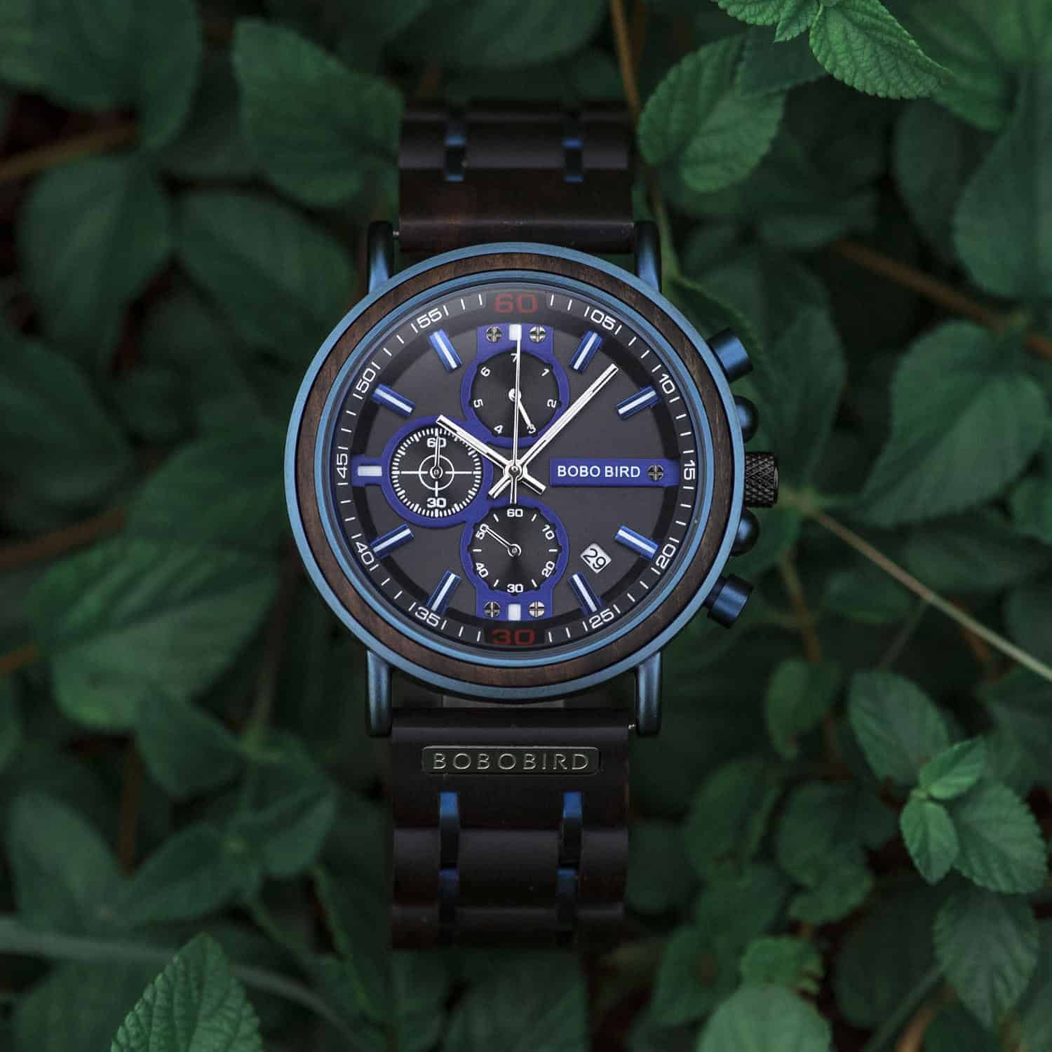 Blue wooden chronograph watch