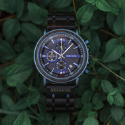 Blue wooden chronograph watch