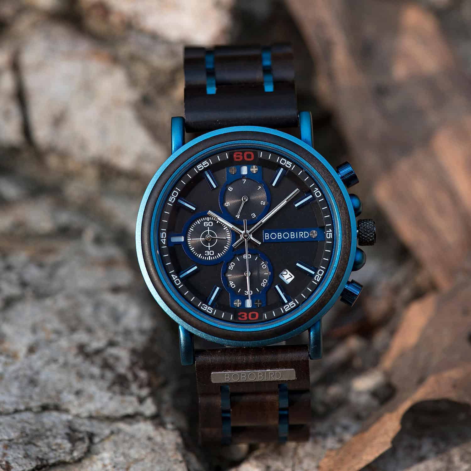 Blue wooden chronograph watch