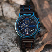 Blue wooden chronograph watch