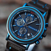 Blue wooden chronograph watch