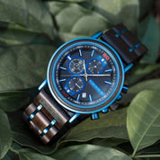 Blue wooden chronograph watch