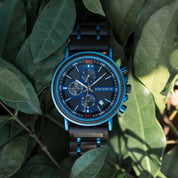 Blue wooden chronograph watch